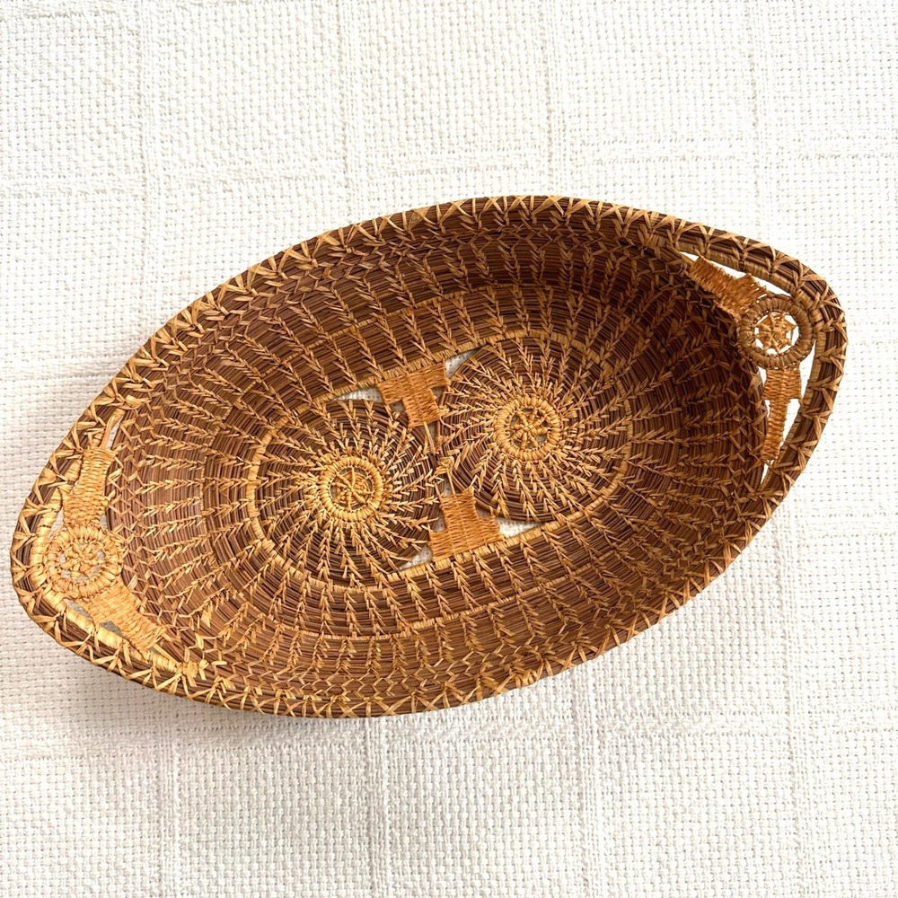 VTG Pine Needle Basket Hand Woven Raffia Oval Basket Tray Folk Art 12"